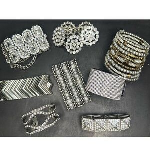 Silver and Gold Tone Statement Rhinestone Sparkle Party Evening Bracelet Lot Set
